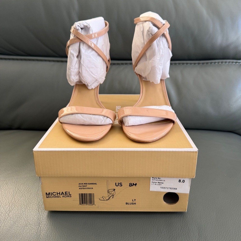 Michael Kors Ava Mid Sandal Patent Lt Blush Pink Stiletto Heels 40F9AVMA1A 8M